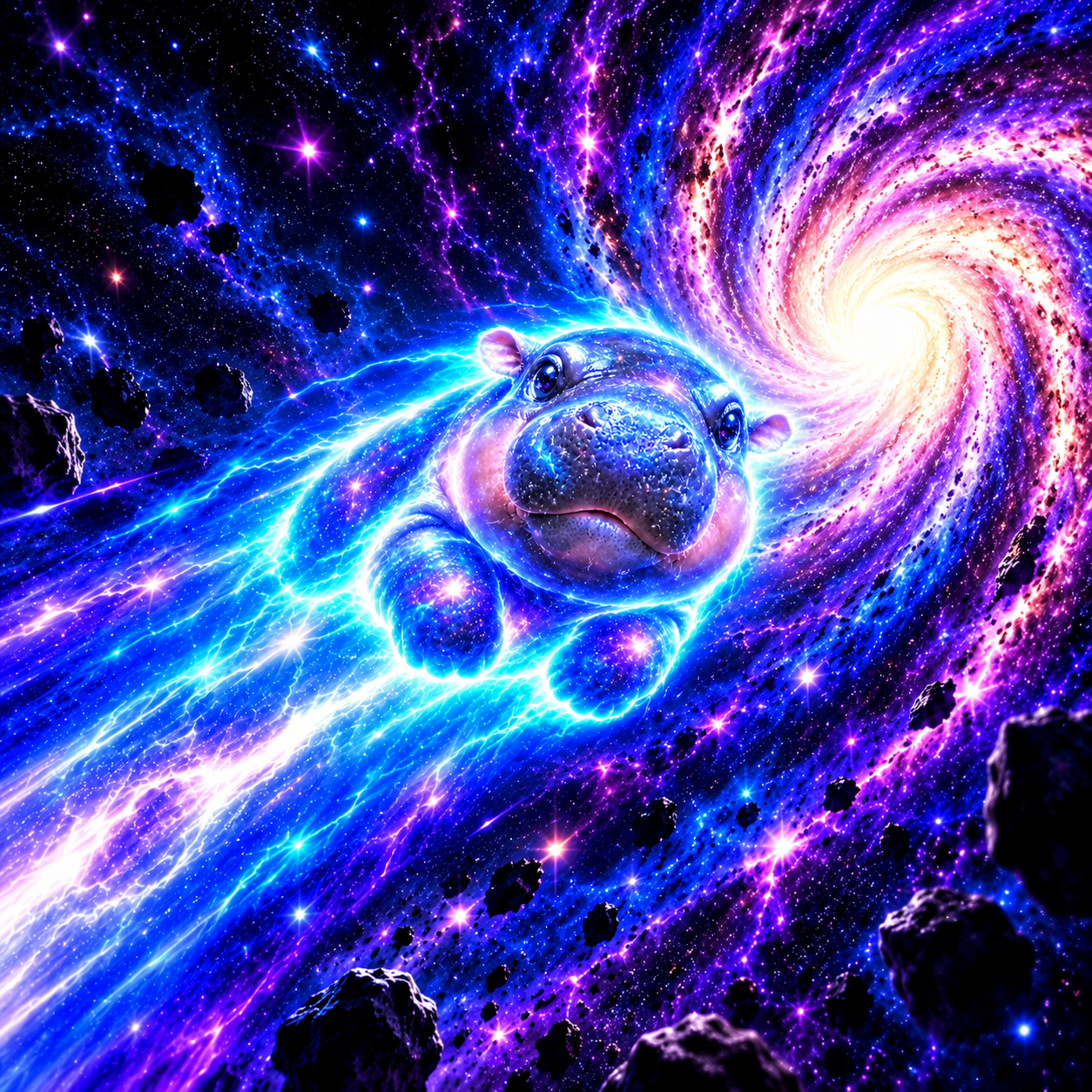 Cosmic hippo flying toward a bright galaxy