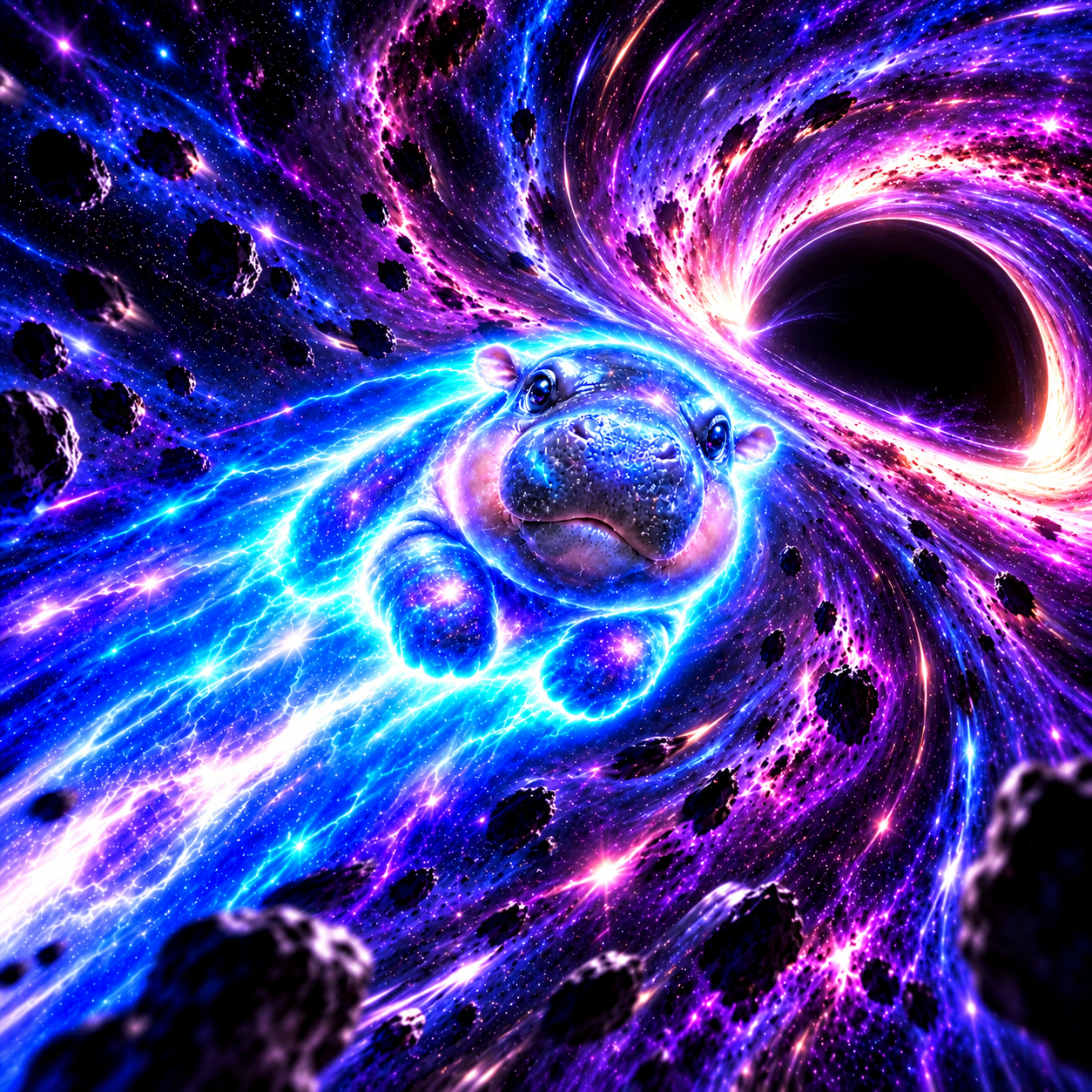 Cosmic hippo racing beside a black hole